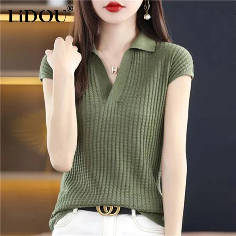 

Весенне-летняя Элегантная Модная однотонная простая вязаная футболка, Женский Повседневный пуловер с коротким рукавом и воротником-поло, ж...