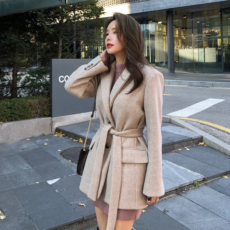 

Nice Woolen Jacket Women Jacket Autumn Winter Coat Korean Blazer Short Belt Overcoat Female Thick Outerwear Chaqueta Mujer