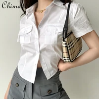 retro double pocket lapel button up shirt womens summer short sleeve white blouses female casual short shirt slim tops