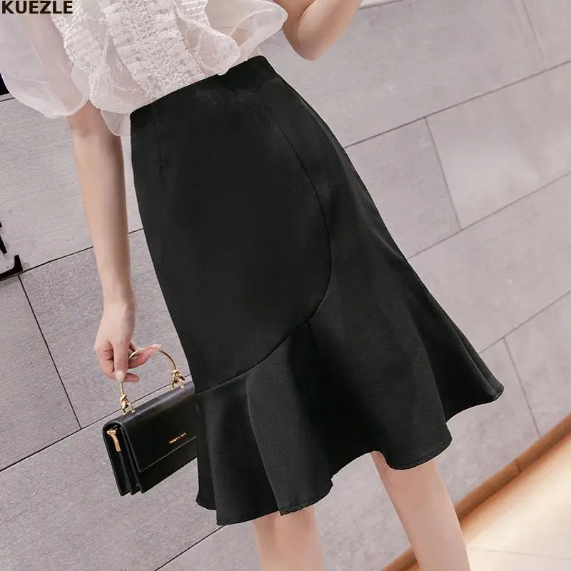 

2022 Black Whir Skirt Women Spring and Summer Style Ruffle Edge High Waist Versatile A-shaped Hip Wrap Skirt Medium Length Skirt