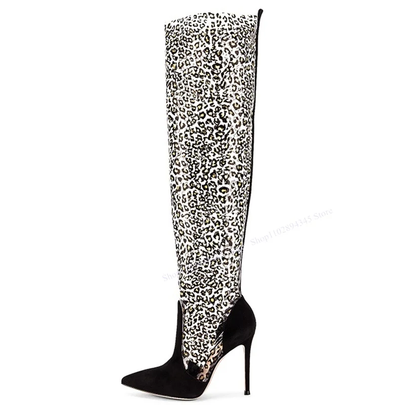 

Женские леопардовые сапоги до колена, на тонком высоком каблуке