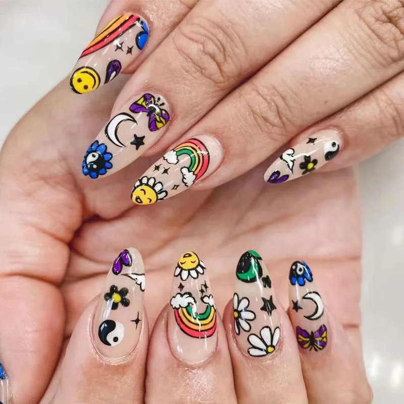 

24Pcs Almond False Nails Long Stiletto Fake Nails with Rainbow Design Wearable Press on Nails Full Cover Nail Tips Manicure Tool