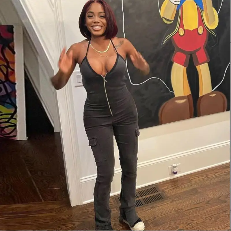 Женские джинсовые комбинезоны с открытой спиной, облегающие комбинезоны с лямкой на шее, на молнии, рандомная уличная одежда без рукавов, спортивные облегающие комбинезоны p869