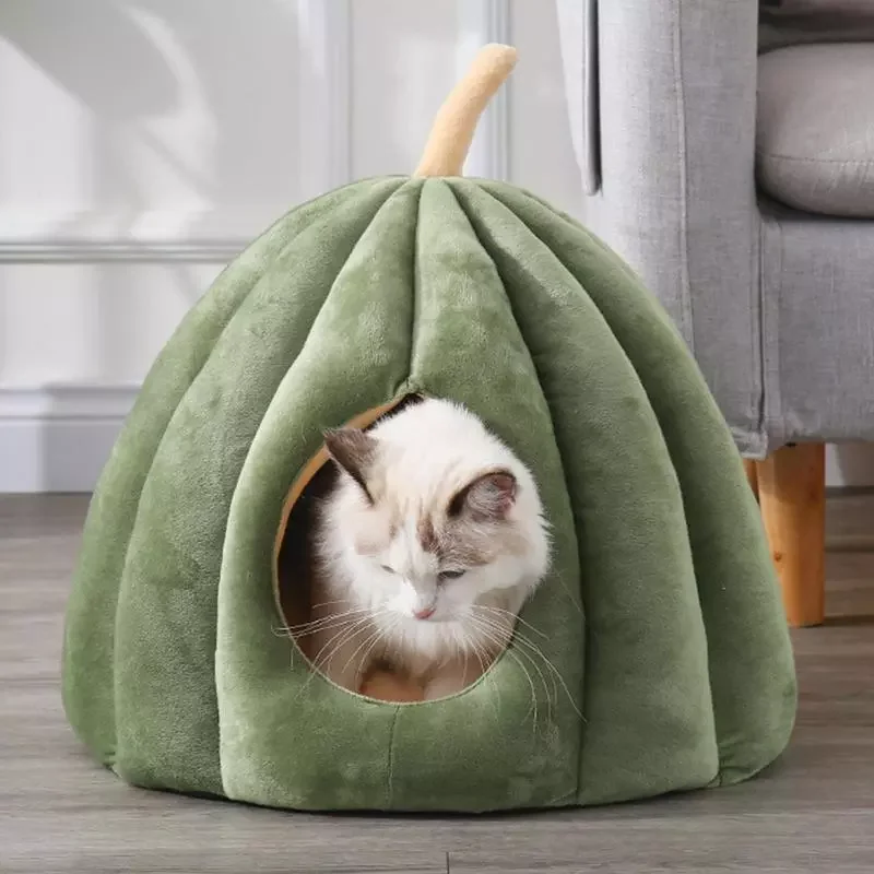 

NEW IN Unique Pumpkin Shape Fluffy Covered Pet Bed with Removable Washable Cushion Calming Soft Houses for Indoor Cats