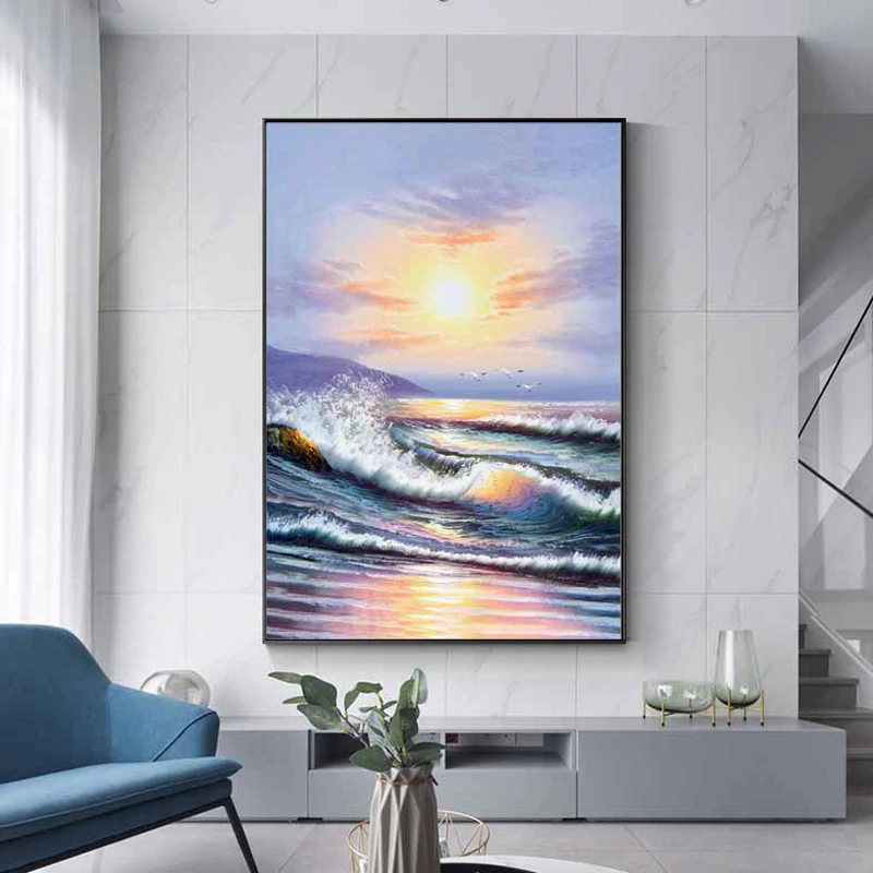 

Современная Масляная картина восхода солнца, Расписанная вручную, настенное искусство, Декор, морской пейзаж, морской пейзаж, синий цвет на ...