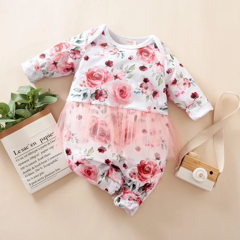 

Hibobi Design Baby Girl Sweet Floral Pattern Mesh Long Sleeve Jumpsuit Cotton Bodysuit