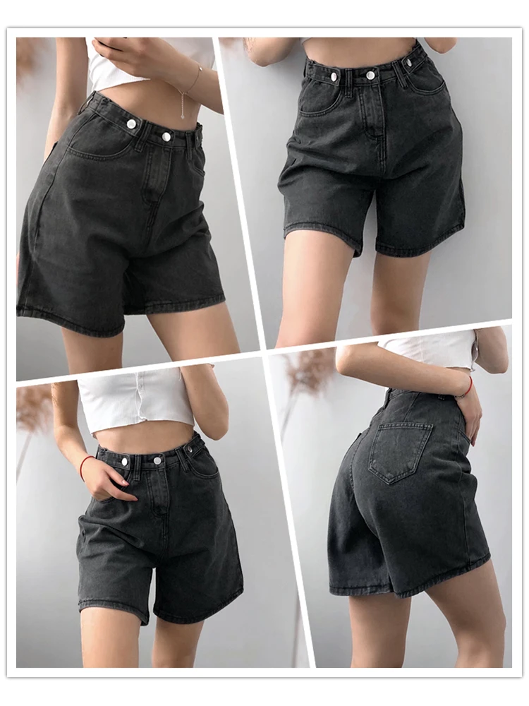 2022 New Summer Women Button Wigh Leg Jeans Shorts Casual Female High Waist Loose Fit Blue Denim Shorts