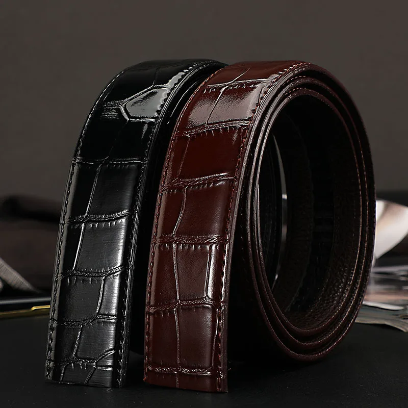 

Plyesxale 3.5cm Width Crocodile Pattern Cowskin Leather Belt For Men Automatic Belt Without Buckle Ratchet Strap No Holes G1233