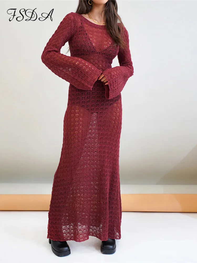 Летнее трикотажное платье FSDA с открытой спиной и длинным рукавом повседневные