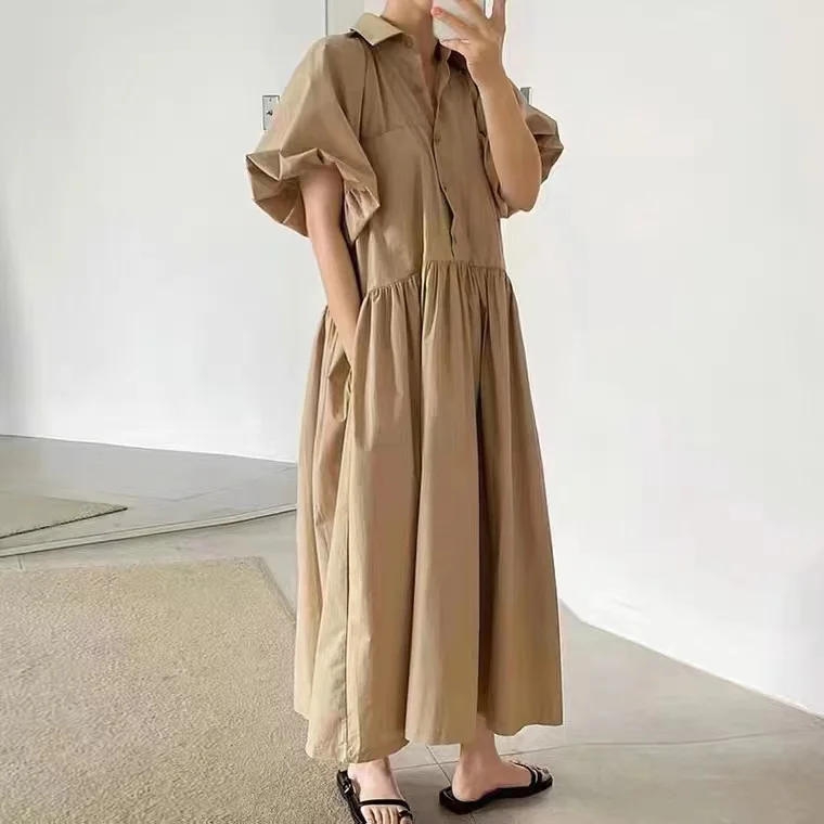 Женское платье-рубашка с коротким рукавом-фонариком и отложным воротником