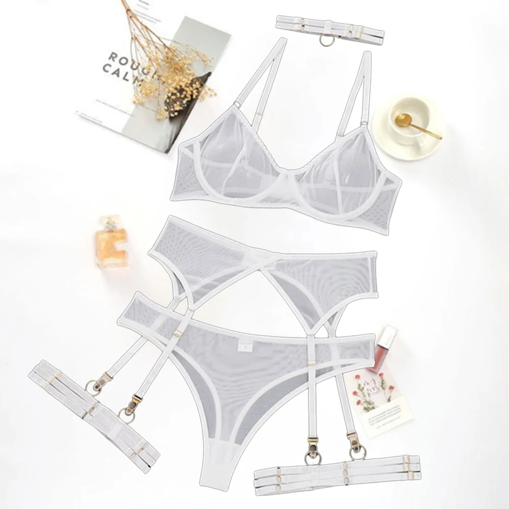 

Women Sexy Ultra Thin Mesh Perspective Bra Thong Garter Belt Set Nightwear See Though Temptation Sleepwear Erotic Lingerie