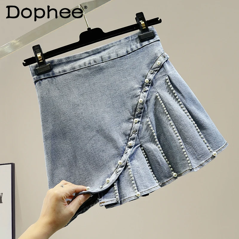 Heavy Industry Beads Diamond Ruffled Irregular Denim Pleated Skirt 2022 New Korean High Waist Slim-Fit A- Line Jean Mini Skirt
