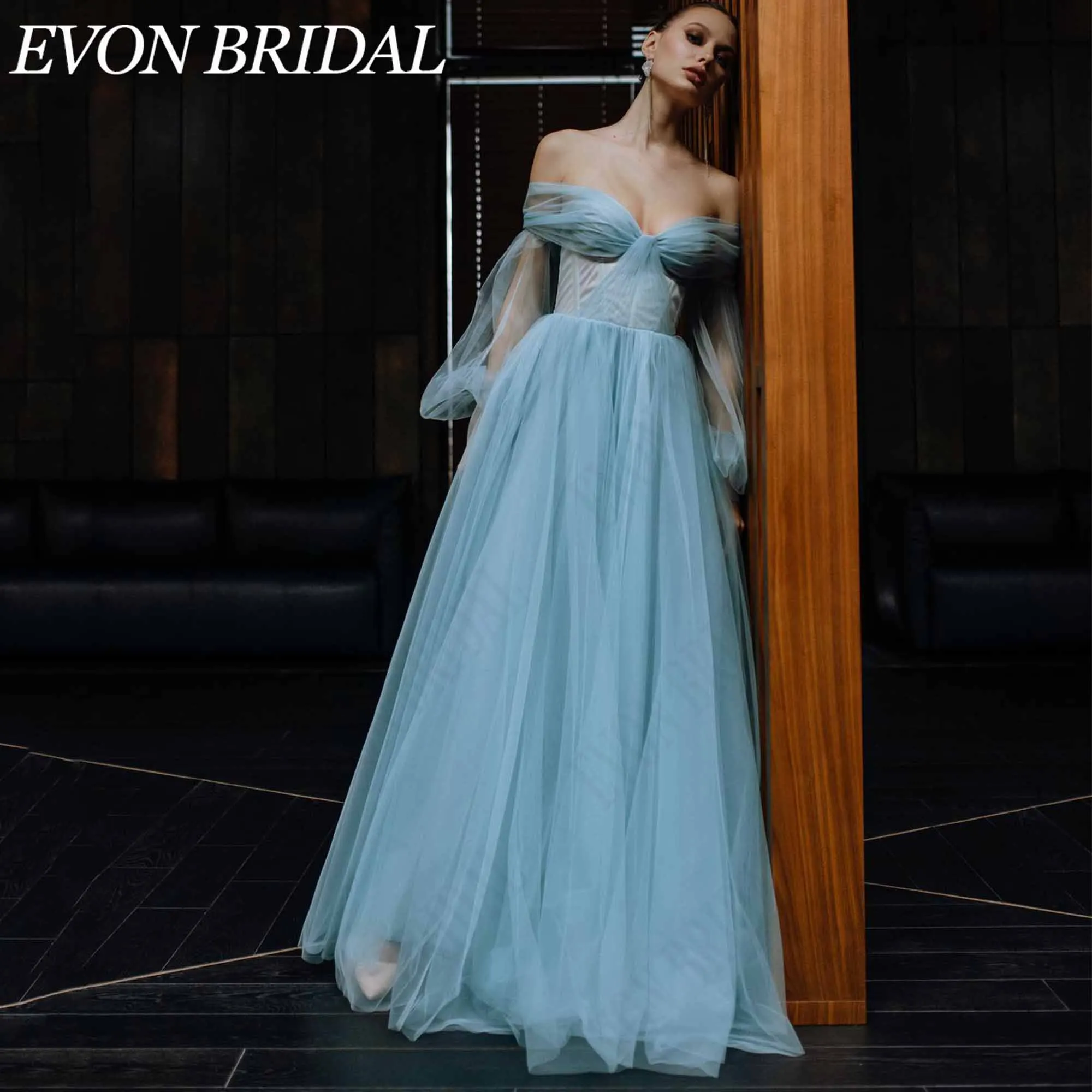 Фото EVON BRIDAL Элегантное вечернее платье открытые плечи из тюля корсет пышные рукава для гостя свадьбы на заказ легкая романтичная силуэт полупрозрачные слои и мягкие объемы нежная воздушная текстура создает уникальный №1