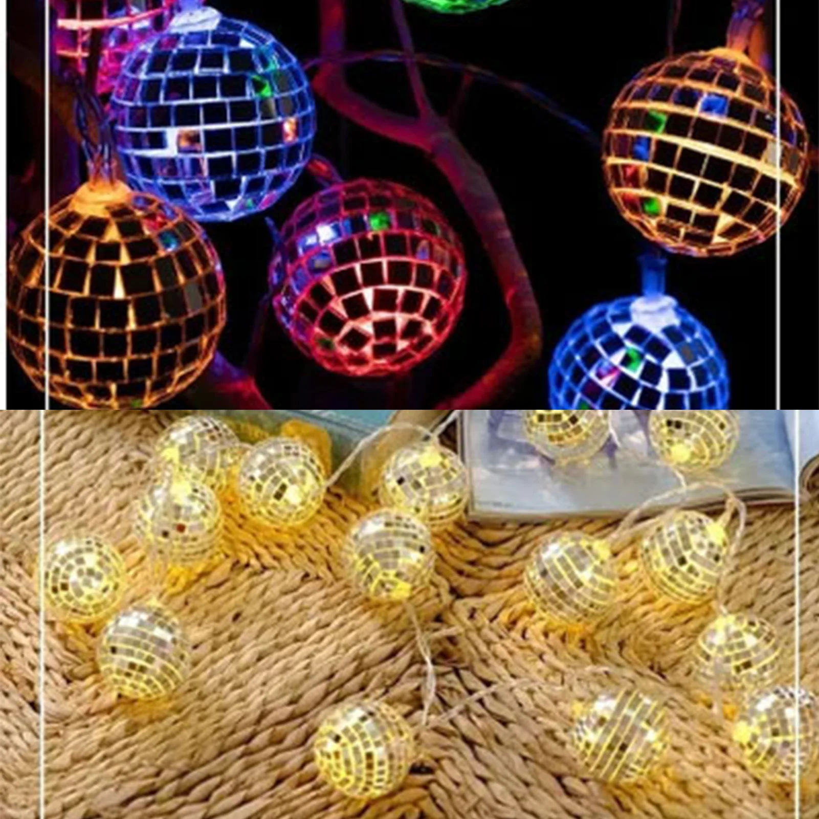 

10pcs LED Disco Ball String Lights Silver Hanging Mirror Disco Ball Stage Light Christmas Ball Ornaments for Party Wedding Decor