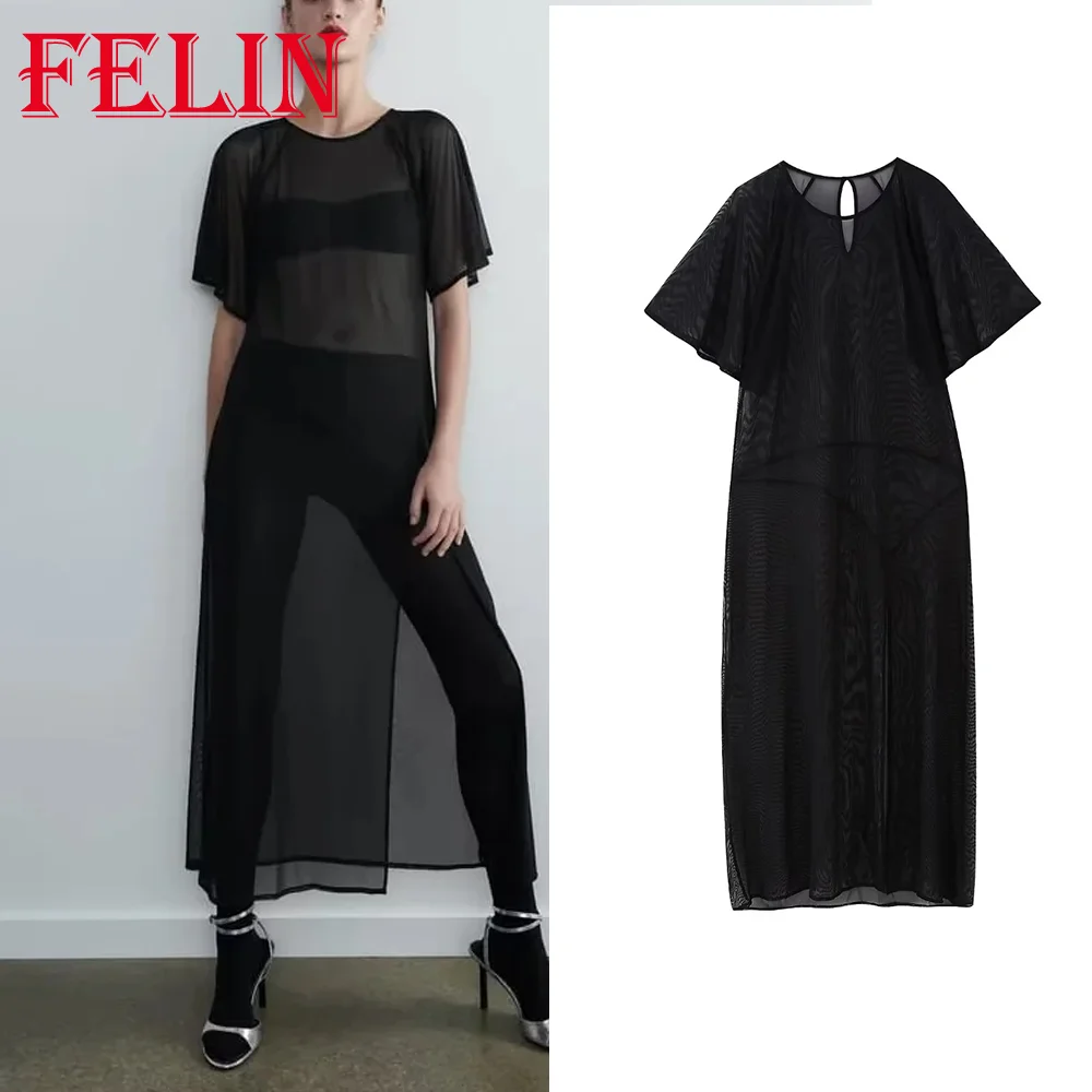 Женское шифоновое платье с коротким рукавом круглым вырезом и вырезами