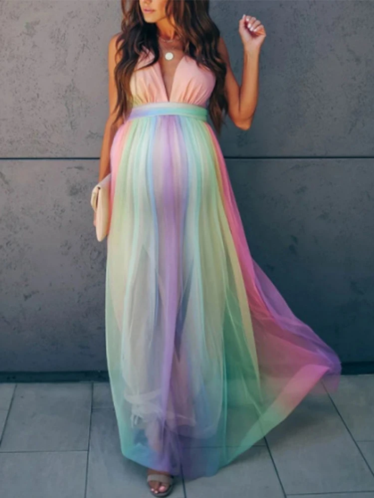 

Rainbow Sexy Maternity Dresses Photography 2022 Pregnancy Shooting Dress Gown Long Pregnancy Photo Shoot Prop for Baby Showers