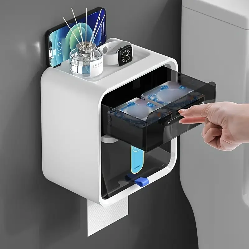 

1pc Wall Mounted Waterproof Toilet Tissue Box, Toilet Punch Free Tissue Box, Toilet Paper Roll Storage Rack