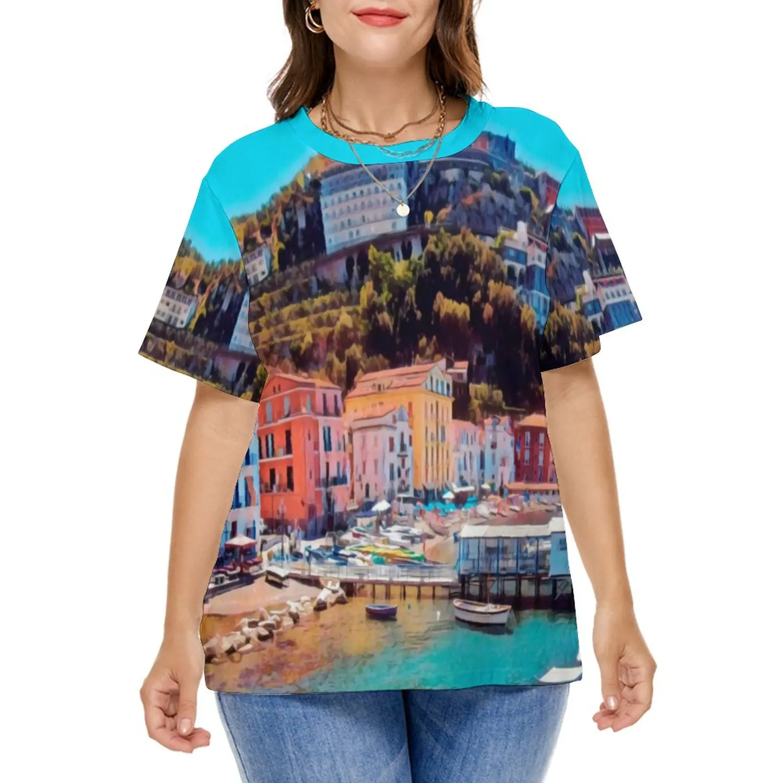 Panorama Beach T Shirts Coast Print Street Fashion T Shirt Short Sleeves Female Pretty Tee Shirt Beach Printed Clothes Plus Size