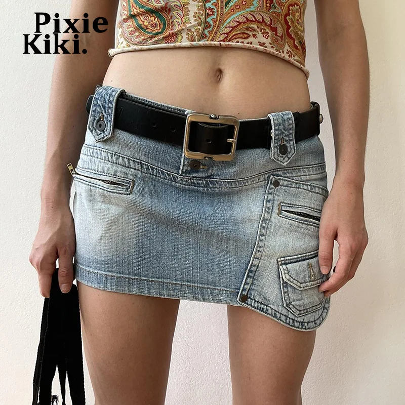 

PixieKiki Y2k Jean Cargo Mini Skirt Cool Girl Sexy Asymmetrical Pocket Zipper Low Waist Denim Skirts 90s Fashion P67-DZ32