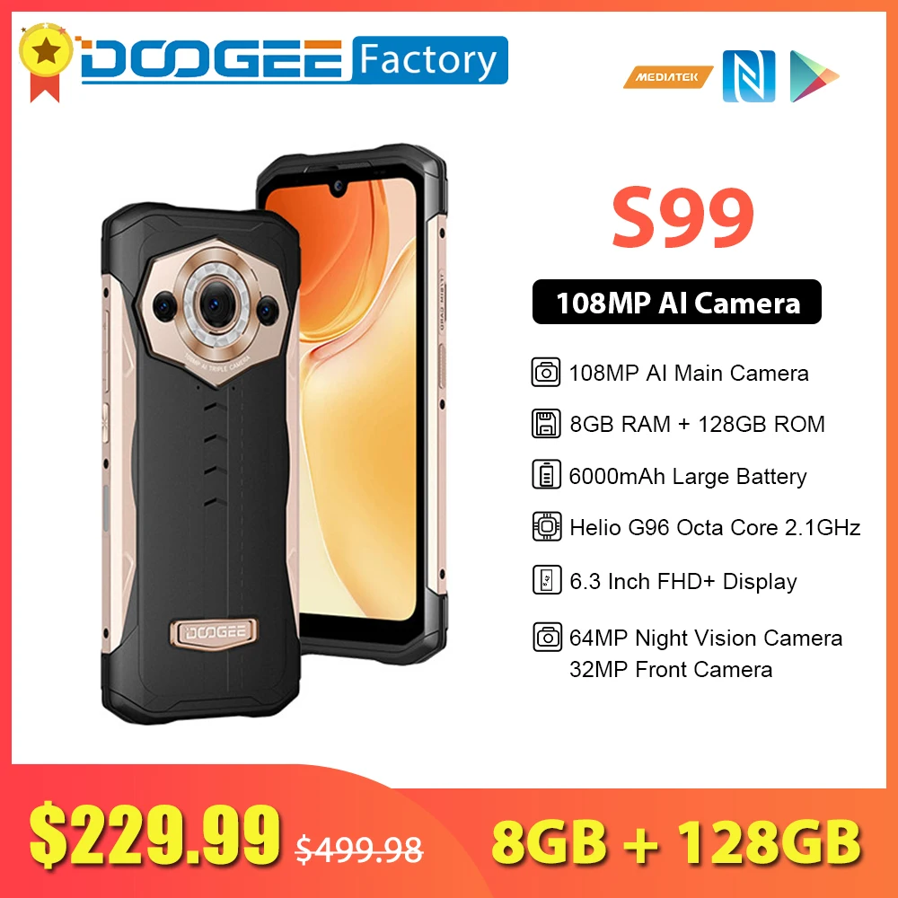 DOOGEE S99 Надежный смартфон 108MP AI Камера 8GB 128GB Octa Core 64MP ночного видения 6 3 дюйма Android 12