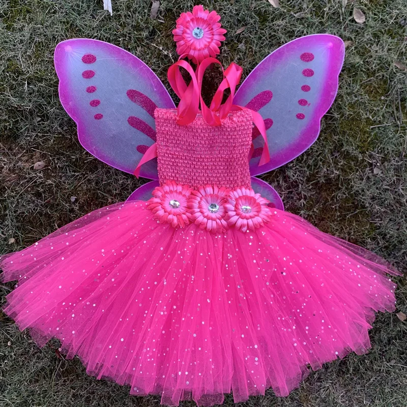Розовое блестящее Тюлевое платье-бабочка для маленьких девочек женское платье