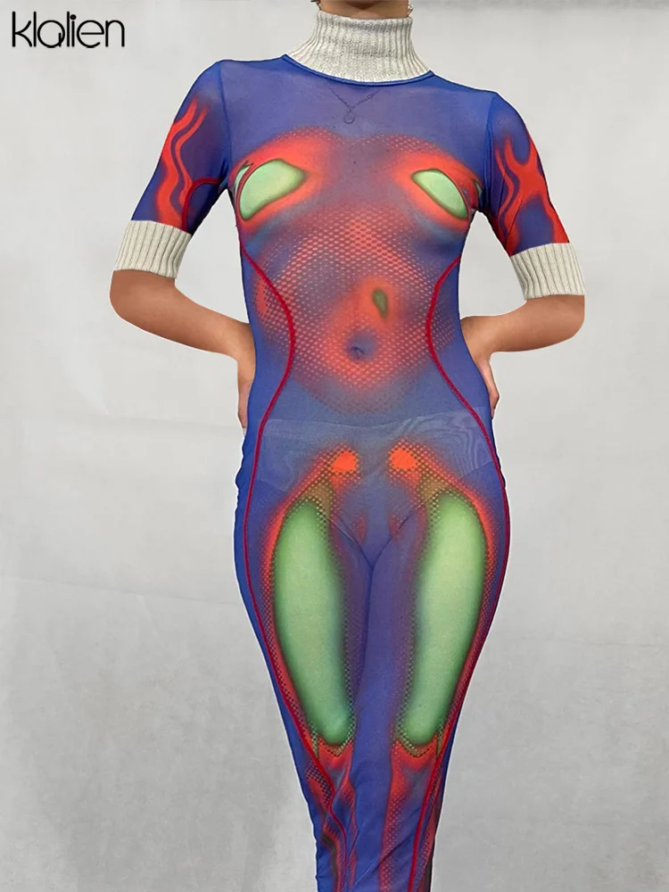 

KLALIEN Hazy Printing Y2K Maxi Dress Women Aesthetic Turtleneck Half Sleeve Body-Shaping Stitching Robe Clubwear Female Vestidos