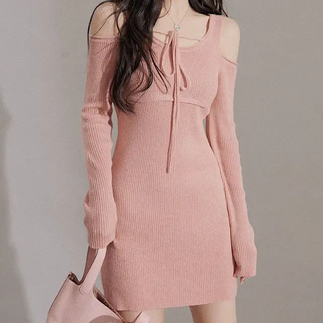 

Милое трикотажное мини-платье с длинным рукавом, женское осеннее элегантное розовое платье-свитер с открытыми плечами, милое короткое вечернее платье в Корейском стиле, 2022