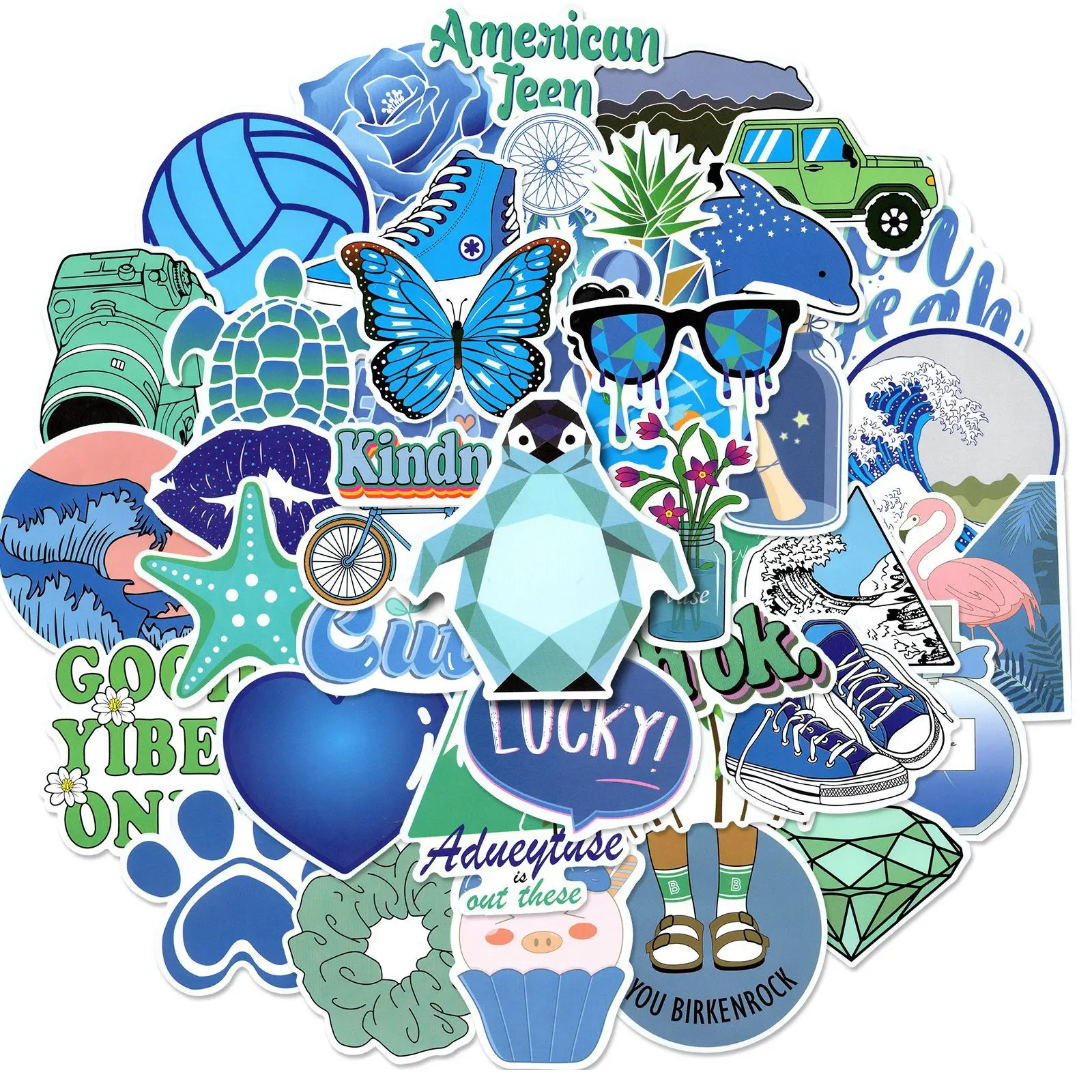 

50 Non-repeating New Blue Stickers Small Fresh Blue Flower Wall Stickers Creative Bedroom Room Warm Background Wall Stickers