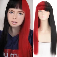 talang 27inch long straight synthetic wig with bangs half black half red cosplay hair lolita for women