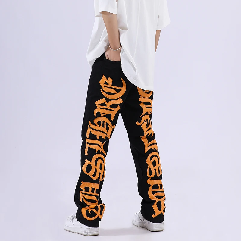 

Streetwear Back Pu Letter Embroidery Straight Retro Jeans for Men Harajuku Distressed Hip Hop Vibe Style Loose Denim Trousers