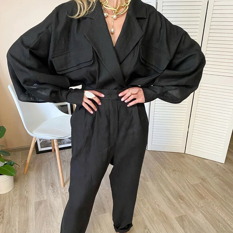 

2022 Elegant Solid Color Lapel Top + High Waist Trousers Two-piece Fashion Solid Cotton Linen Ladies Suit Women's Casual Suit