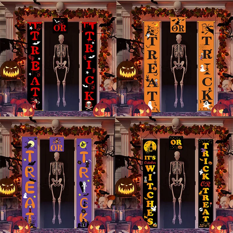 

Halloween Party Backdrop Couplet Horror Halloween Pumpkin Skull Castle Trick-Or-Treating Curtain Day Of The Dead Porch Flag