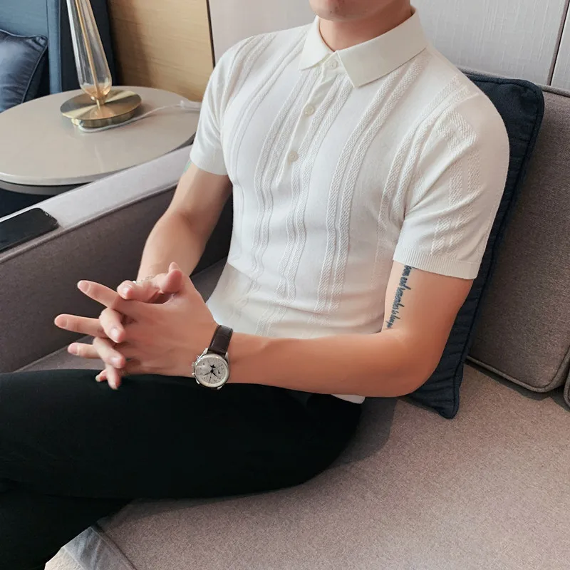 

2022 Men Casual Ice Silk Knitted Polo Shirts Summer Men Fashion Lapel Polo Shirts Male Solid Slim Fit Short Sleeve Striped Polos