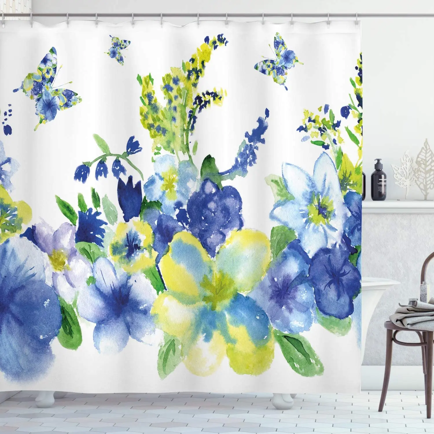 

Yellow and Blue Shower Curtain, Spring Flower Watercolor Flourishing Vibrant Blooms Design, Cloth Fabric Bathroom Deco