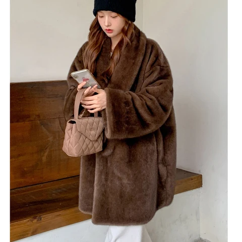 Женское теплое меховое пальто с толстым отложным воротником, свободное пальто миди длиной кофейного цвета, топы для женщин Casaco Feminino