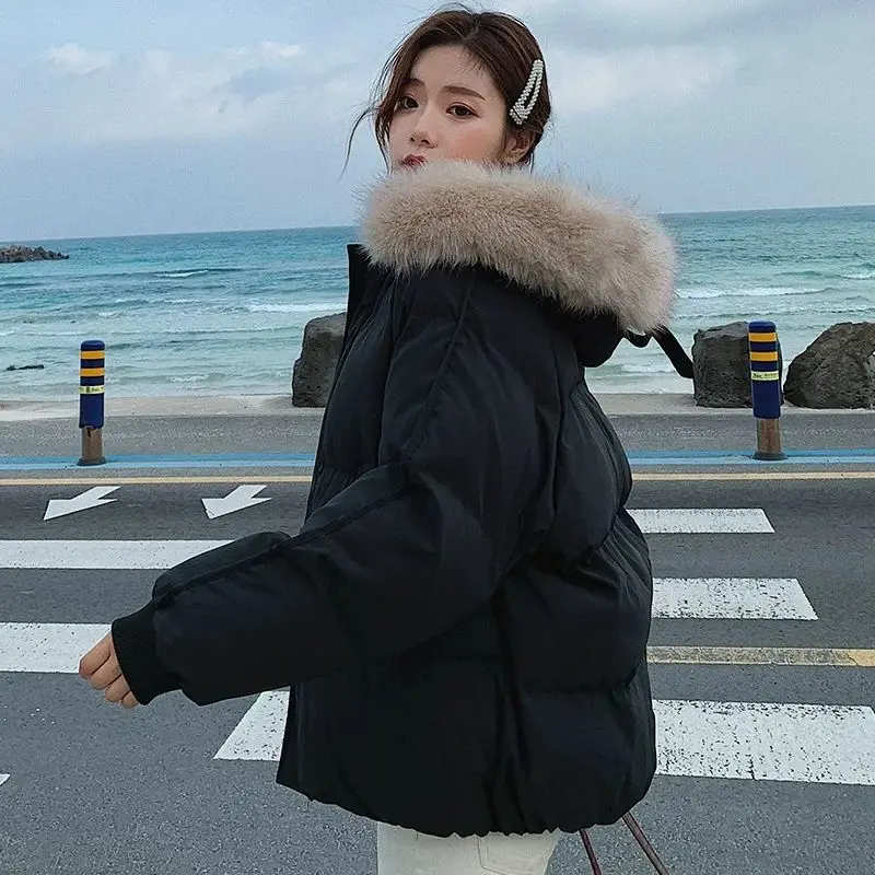 Fashion Fur Collar Hooded Short Parkas Solid Casual Long Sleeve Winter Jacket Korean Loose Cotton Padded Outwear Student coat