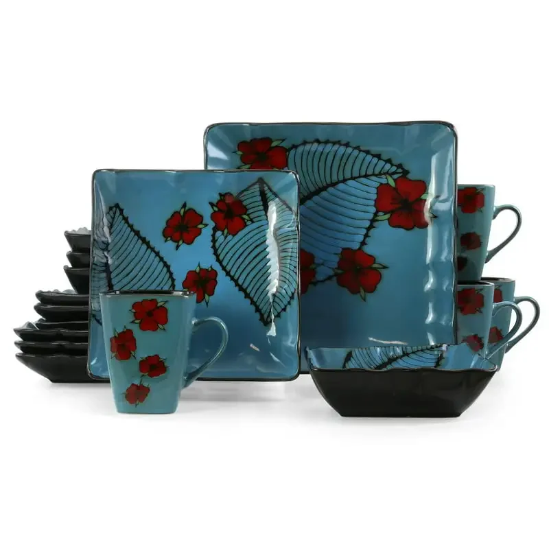 Aloha Tide 16 Piece Square Stoneware Dinnerware Set in Blue and Floral