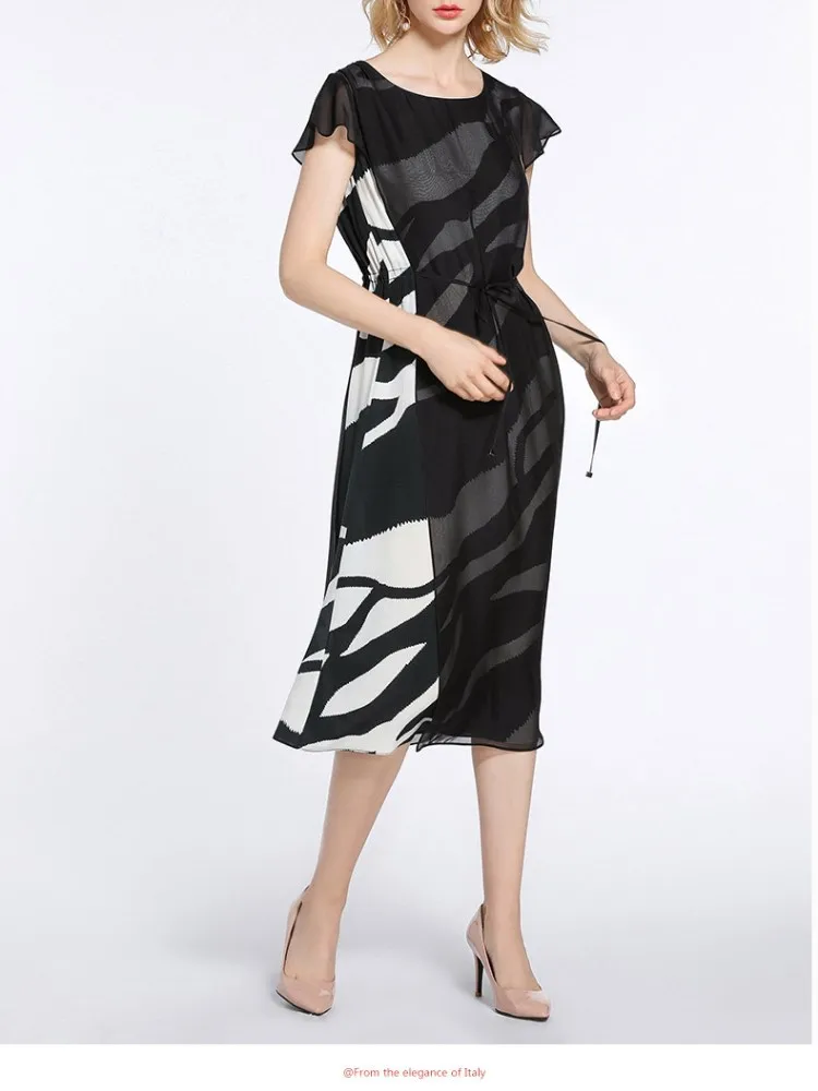 

Gowani Women's Summer Silk Black and White Striped European Fashion Elegant Irregular Belt Casual Midi Dress