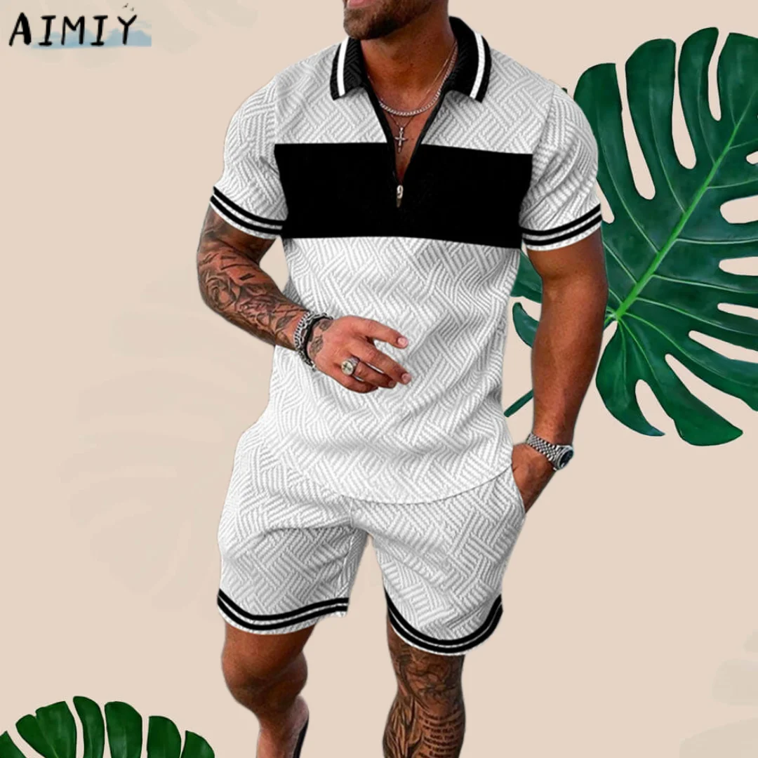 Men Summer Polo Shirt Set 2 Pieces Hawaii Tracksuit Casual Busi/'hhtness Suit Fashion Trun Down Collar Zipper Clothing Vintage O