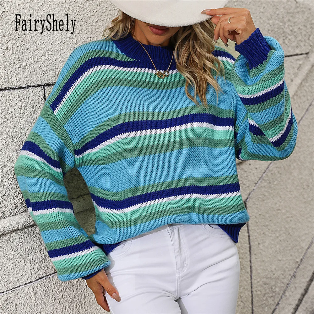 Женский вязаный свитер в полоску Повседневный пуловер розового цвета с круглым