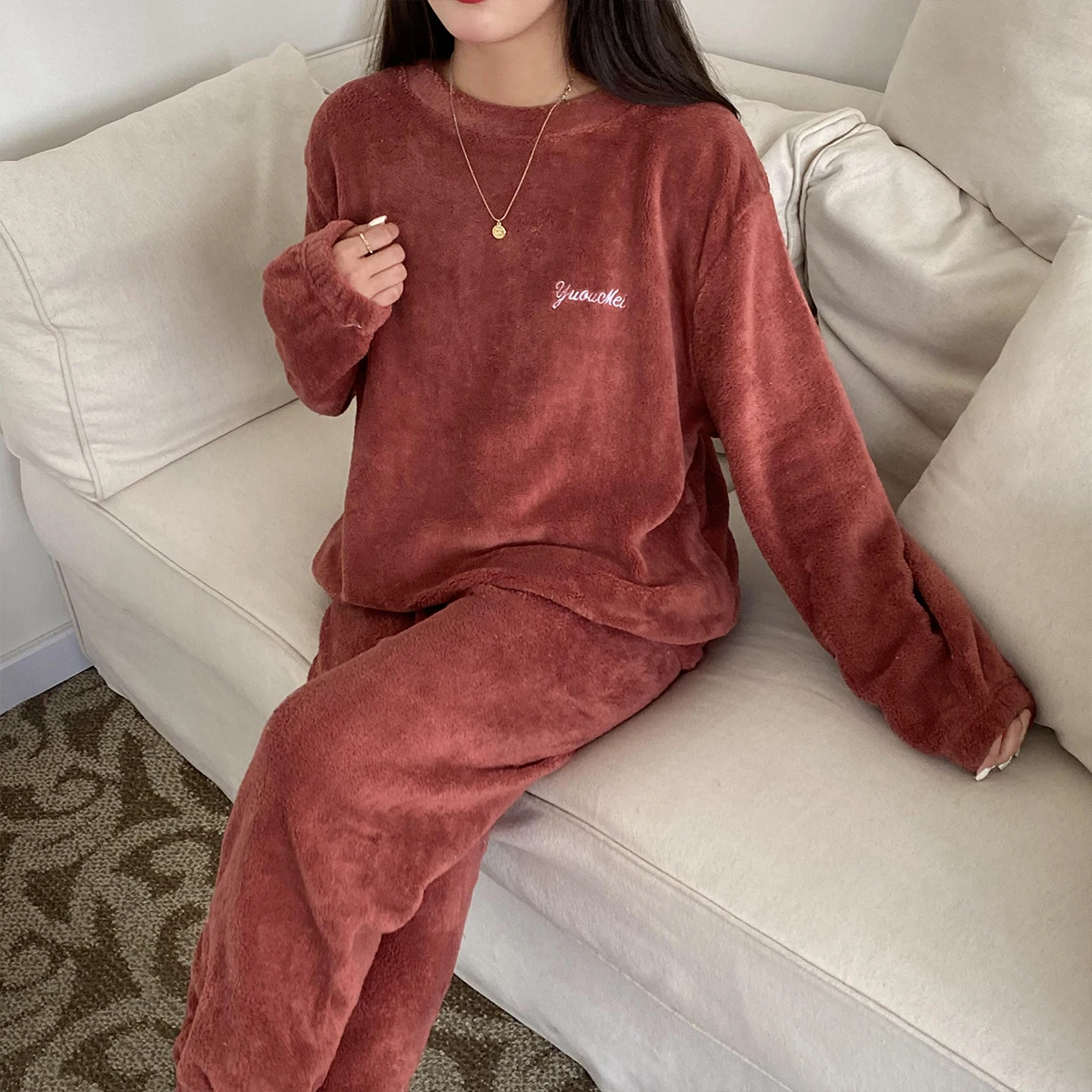 Women Girl Autumn Winter Coral Fleece Pajamas Fashion Solid Color Sleepwear Clothes