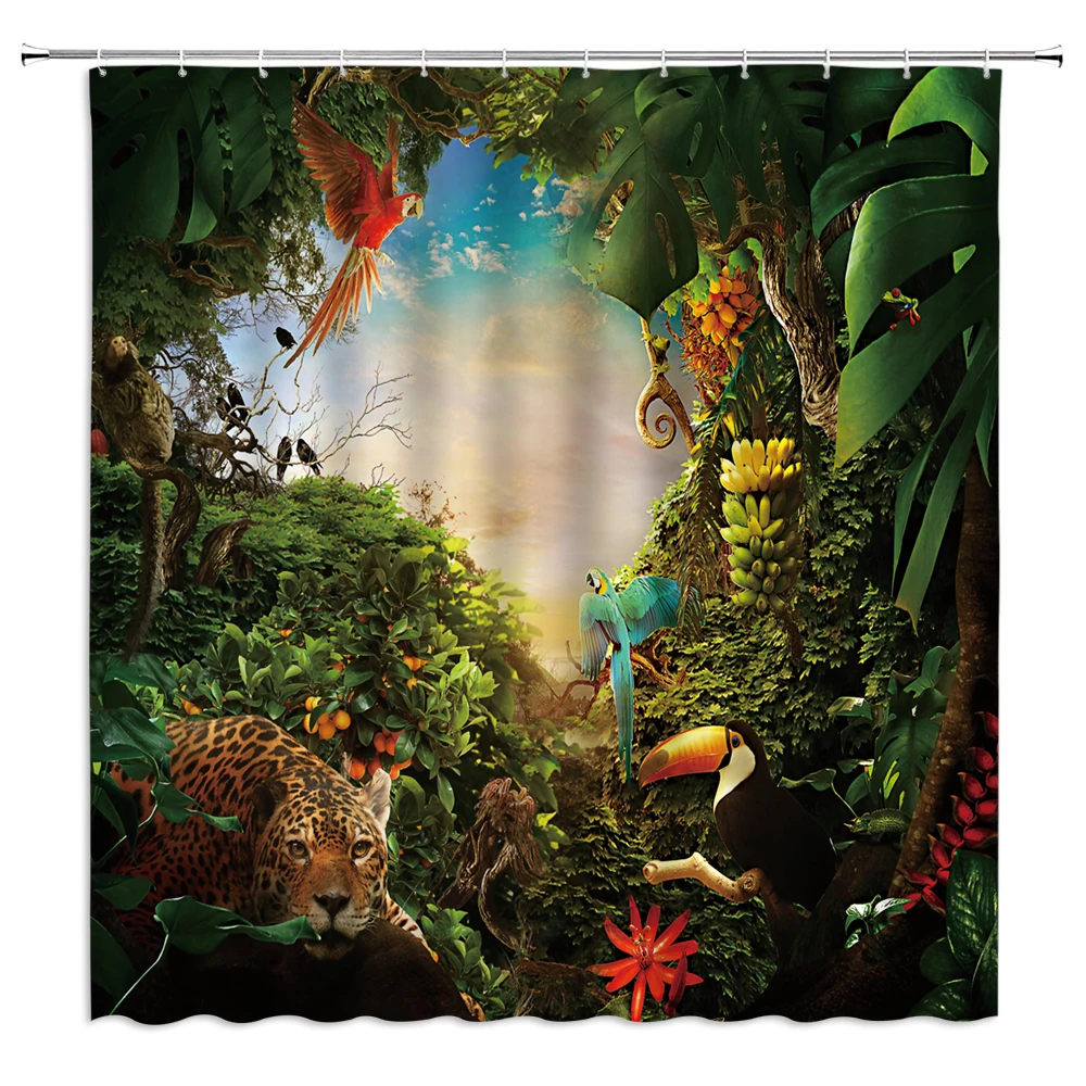 

Tropical Jungle Landscape Shower Curtains Bathroom Decor Wild Animal Deer Parrot Toucan Leopard Home Bathtub Polyester Curtain