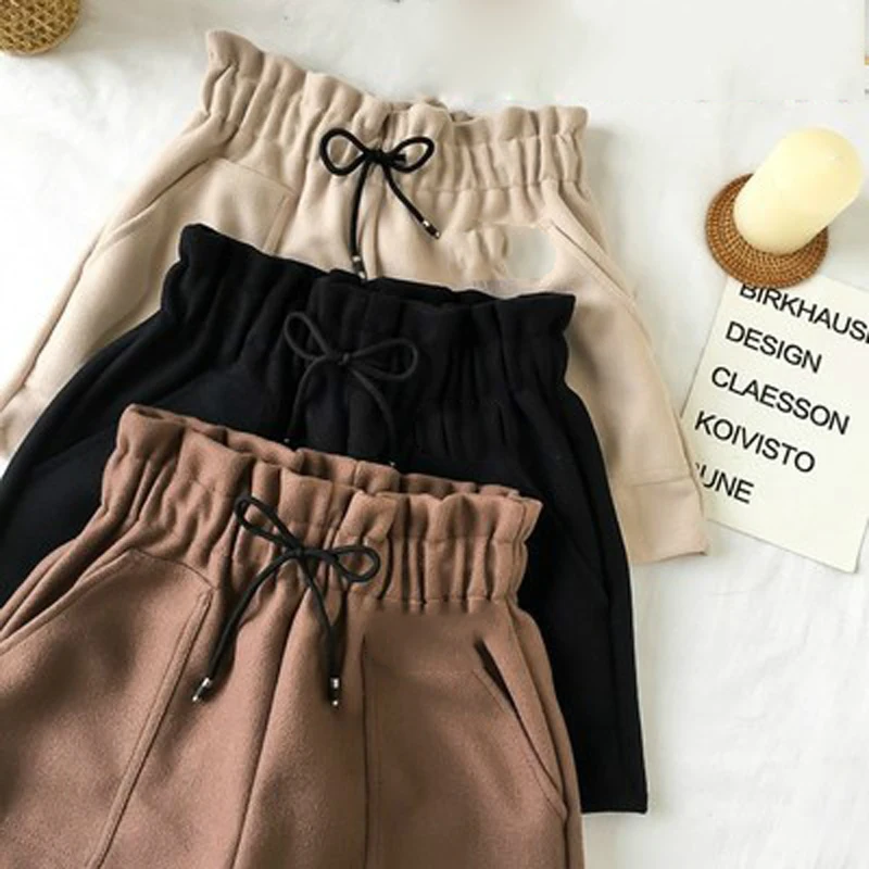 Spring Autumn Woolen Shorts Casual Ladies High Waist Wide Leg Black Brown Shorts Women Solid Color Elastic Short New 2023