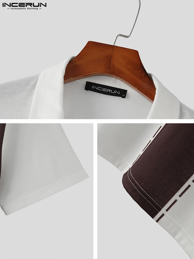 Casual Hot Sale Tops INCERUN New Men's Black White Contrast Color Blouse Fashion Male Hot Sale Short-sleeved Lapel Shirts S-5XL
