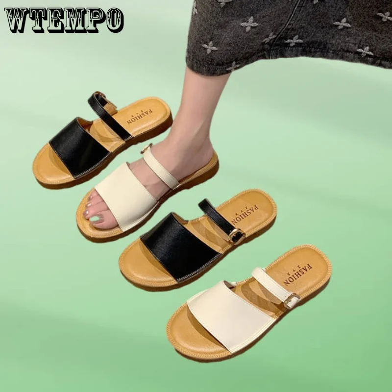 

WTEMPO Summer Fashion Slippers Women's Outer Wear Leather Soft Bottom Anti-slip Sandals Flat Bottom One Word Drag Dropshipping