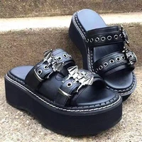 summer 2022 double strap buckes platform wedges fashion goth slippers hot womens matal matal sandal for comfy black shoes
