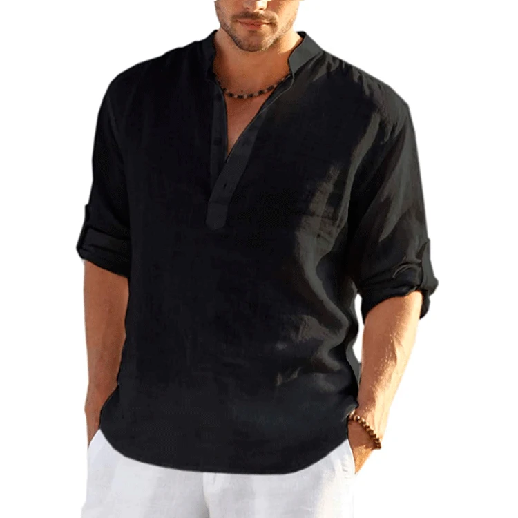 New Summer 2023 spring cotton linen Hot Sale Plus Size Men's Long Sleeve Shirts Solid Color Stand Collar Casual Cardigan