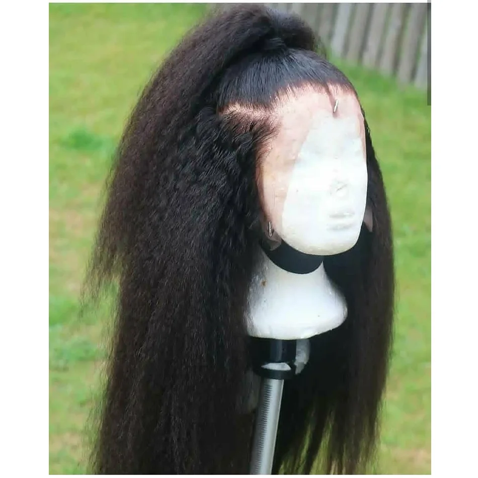 

Soft Middle Part 26“Long Kinky Straight 180%Density Black Yaki Lace Front Wig For Women Babyhair Preplucked Synthetic Glueless