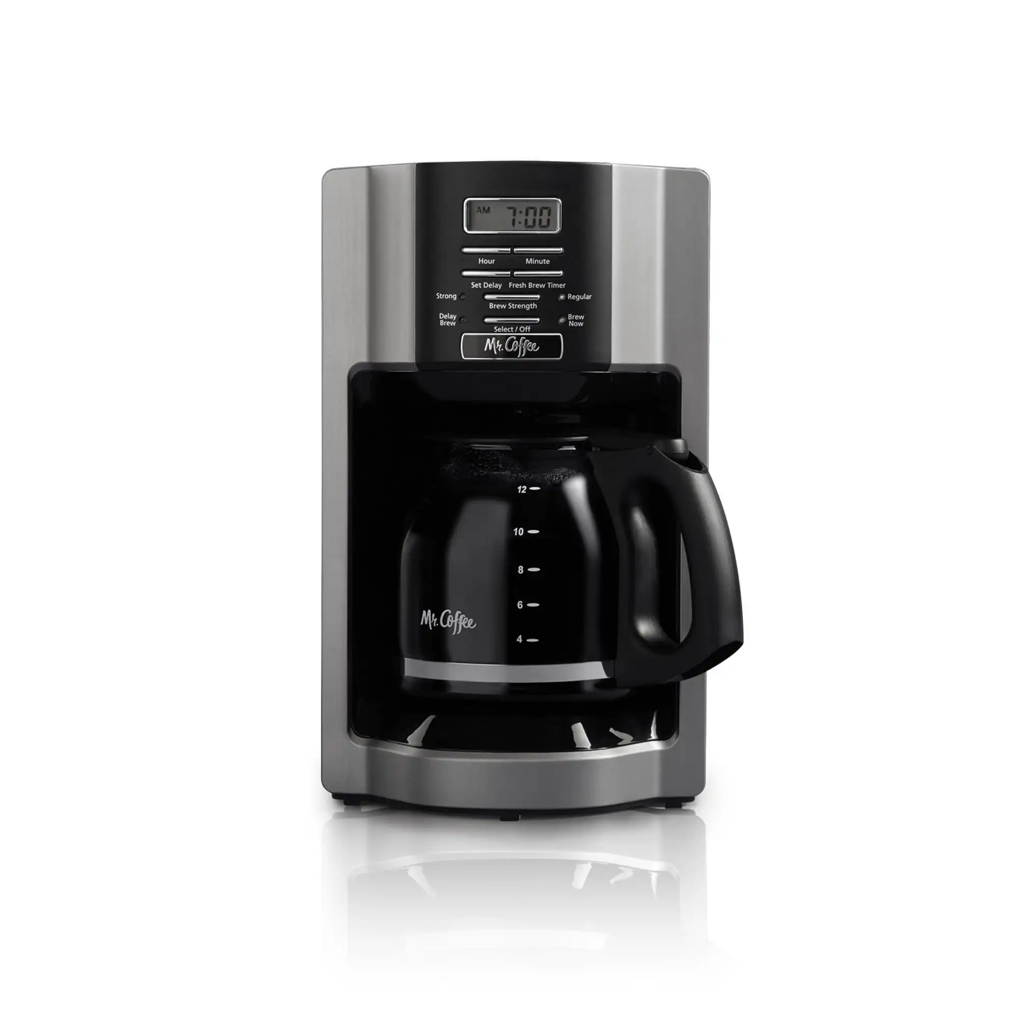 

12-Cup Programmable Coffeemaker, Rapid Brew, Removable, Auto Pause, Brew Strength Selector, Brushed Metallic
