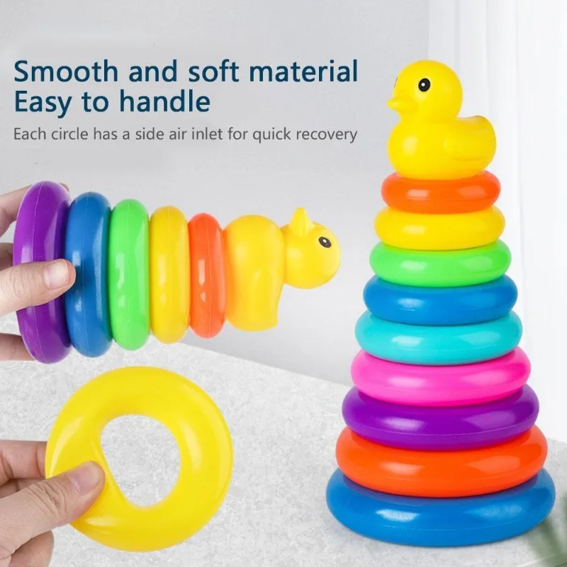 

Children's Little Yellow Duck Rainbow Tower Stacking Circle Baby Early Childhood Education Puzzle Ring Montessoris Toy Kids Baby